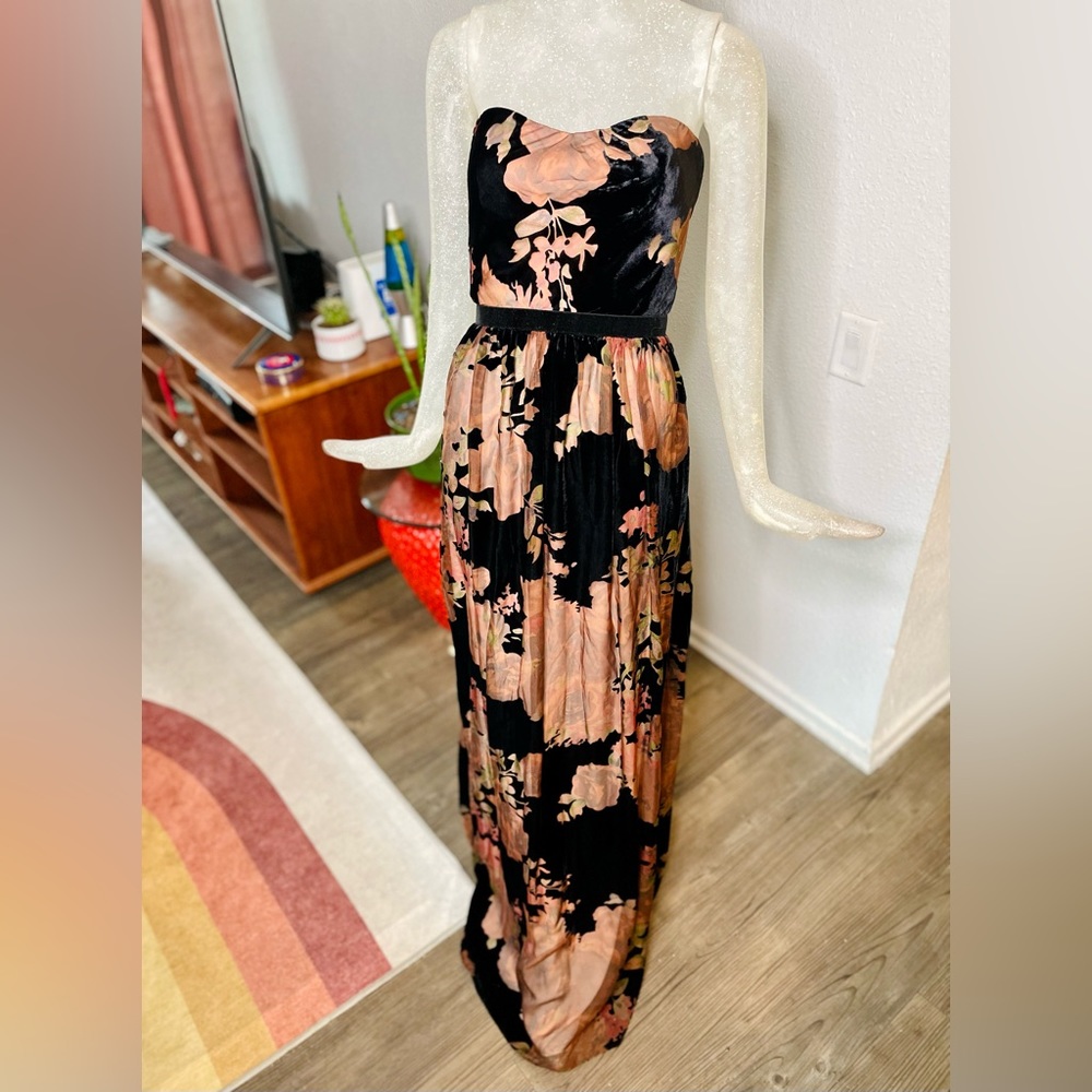 ERIN by Erin Fetherston Black and Blush Floral Strapless Maxi Dress